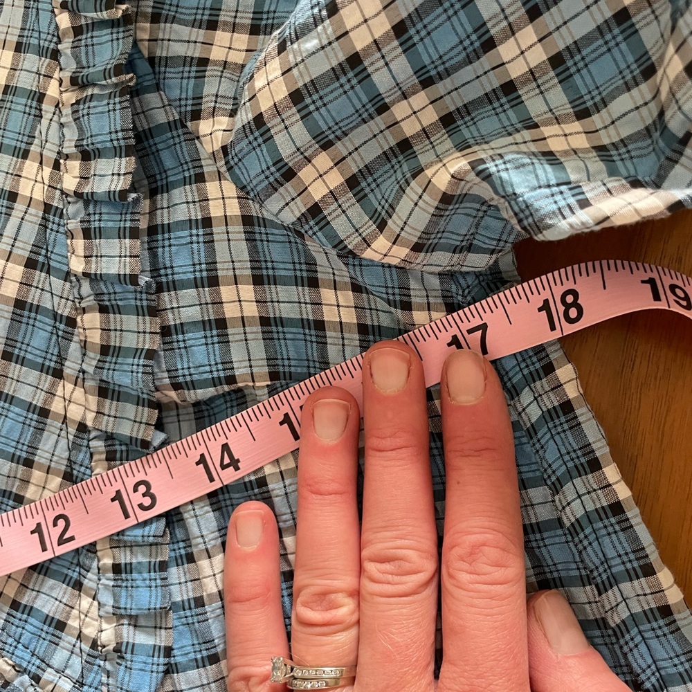 GANNI Seersucker Check V-Neck Ruffle Blouse in Azure Blue - Picture 10 of 14